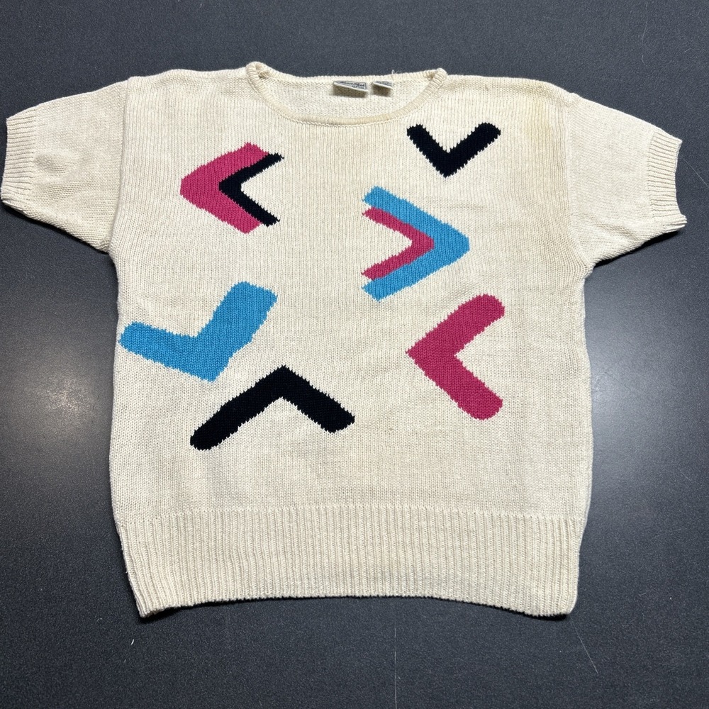 1980s White Pastel Sweater Chunky Knit Short Sleeve Blue Pink Geometric M VTG